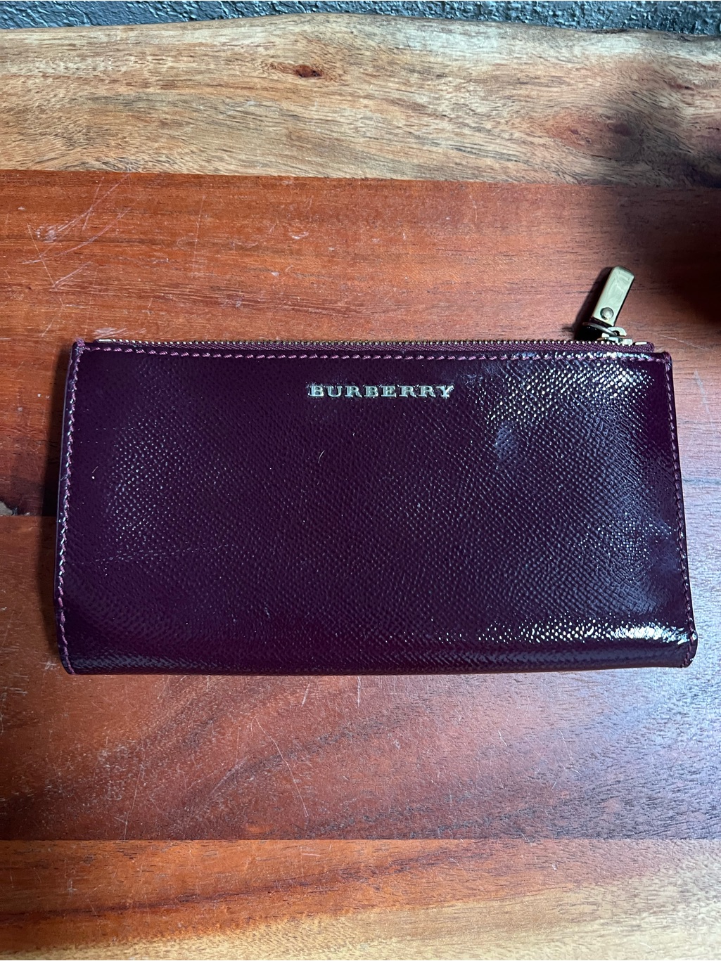 Beautiful Burberry Deep Burgundy Patent Leather Zip Wallet With Gold Hardware!